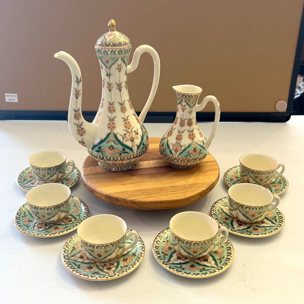 Rare Vintage Zsolnay Hand-Painted Porcelain Persian Style 15-Piece Coffee set!